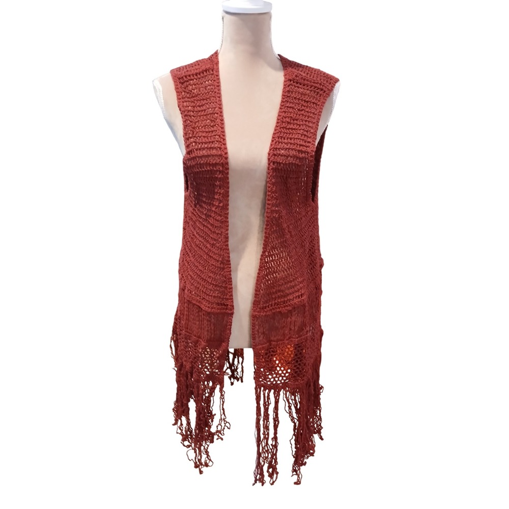 Lucky & Blessed Crochet Fringe Vest Rust Terracotta Open Front Boho 1x